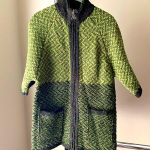 Aran Luxury Hand Knitted 100% wool green sweater New with front zipper- XS